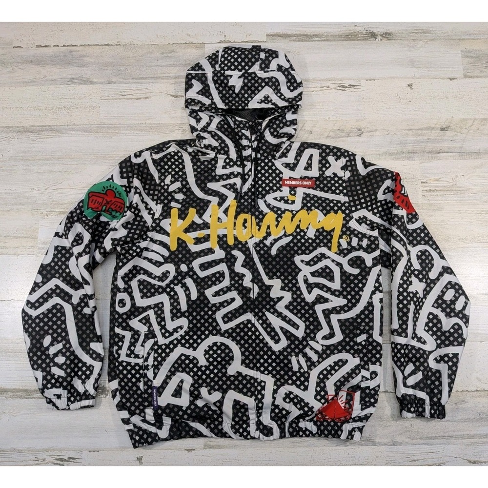 Members Only Keith Haring Mens Medium Graphic Print Windbreaker Jacket Black
